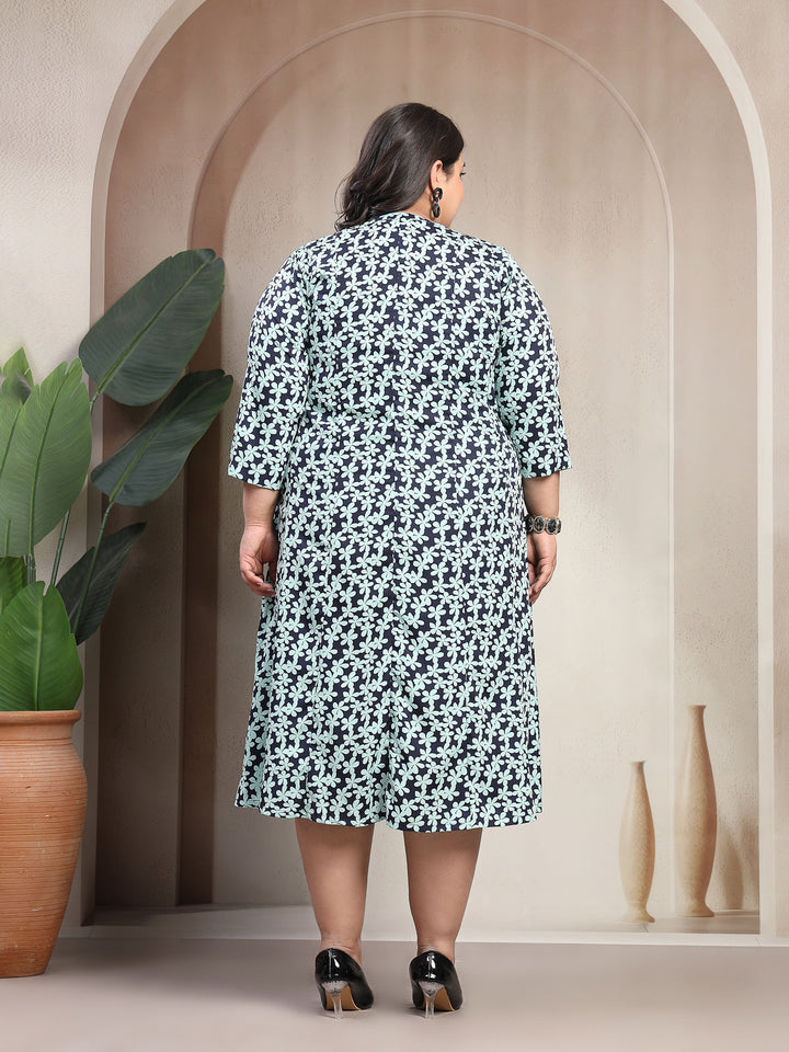 Plus Size Green Floral Printed Short Sleeve Round Neck Midi Dress