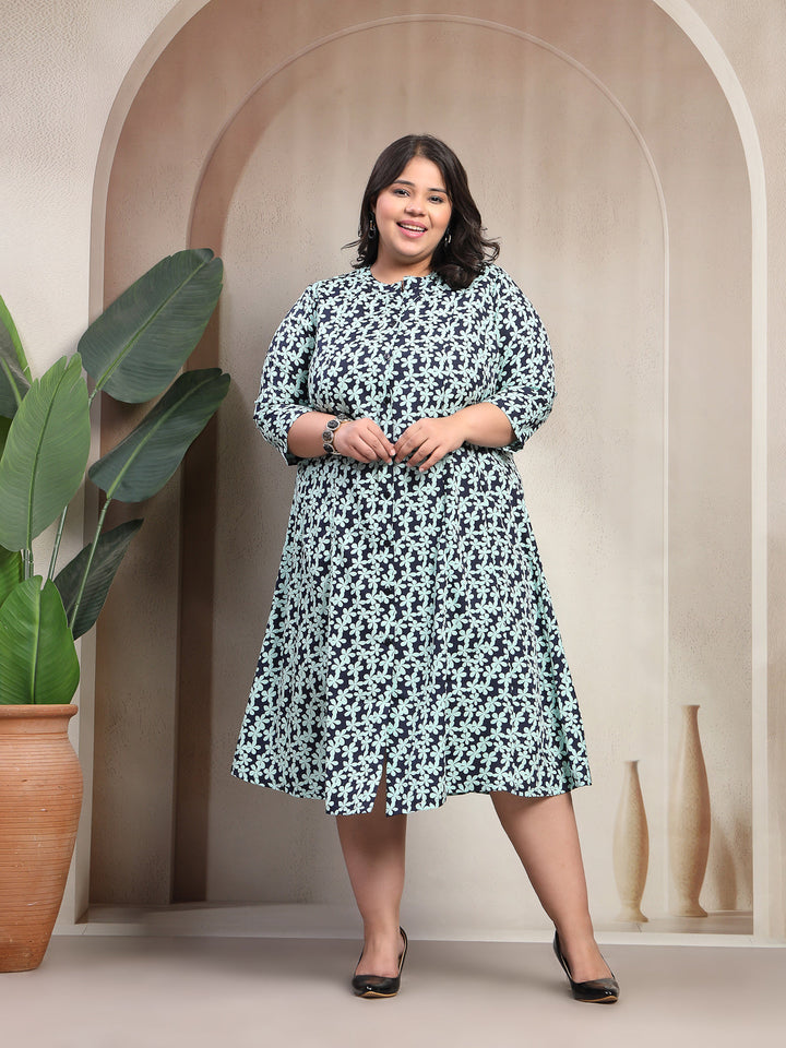 Plus Size Green Floral Printed Short Sleeve Round Neck Midi Dress