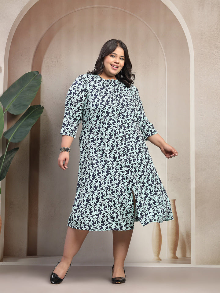 Plus Size Green Floral Printed Short Sleeve Round Neck Midi Dress