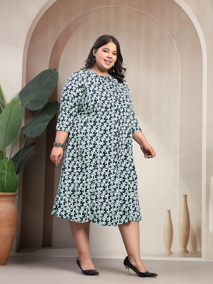 Plus Size Green Floral Printed Short Sleeve Round Neck Midi Dress