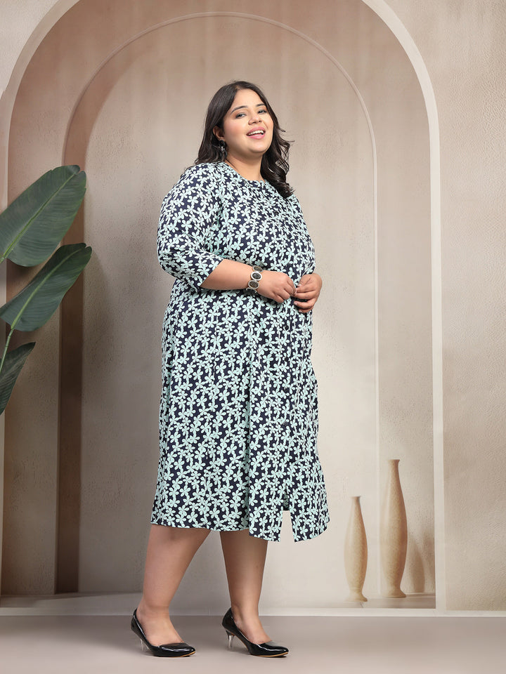 Plus Size Green Floral Printed Short Sleeve Round Neck Midi Dress