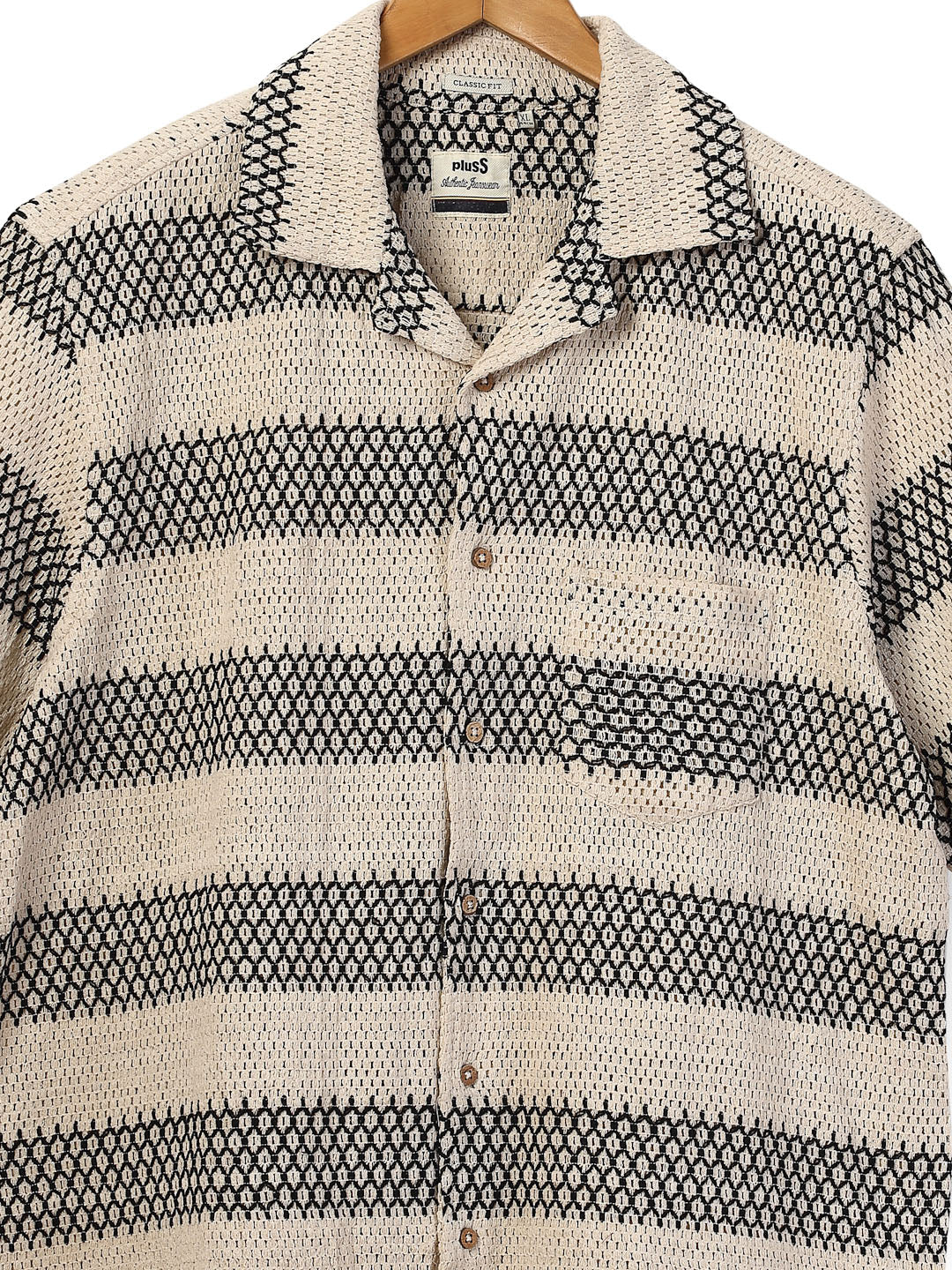 Plus Size Cuban Collar Crochet Resist Shirt