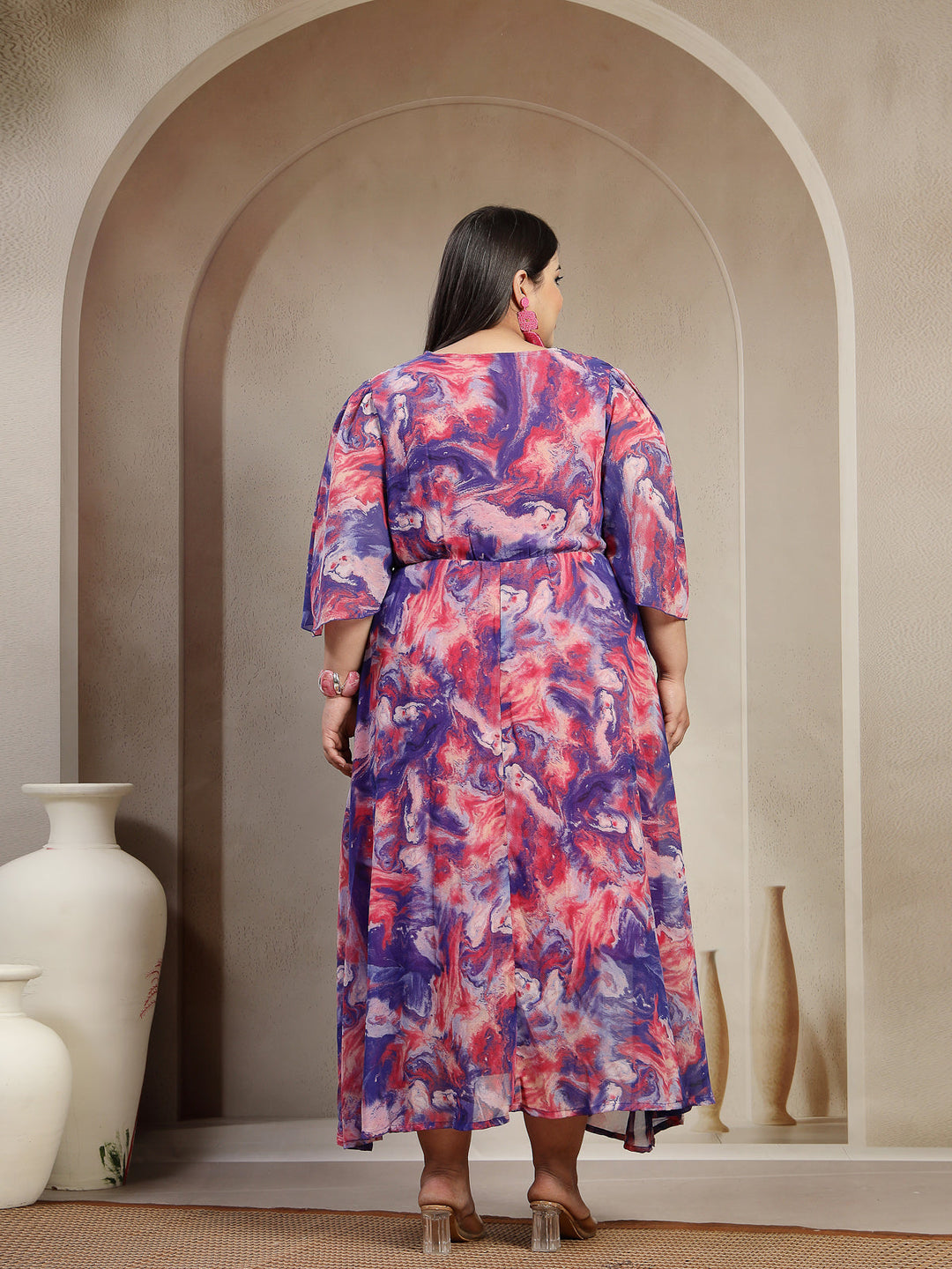 Plus Size Women Blue Abstract Smocked Dress