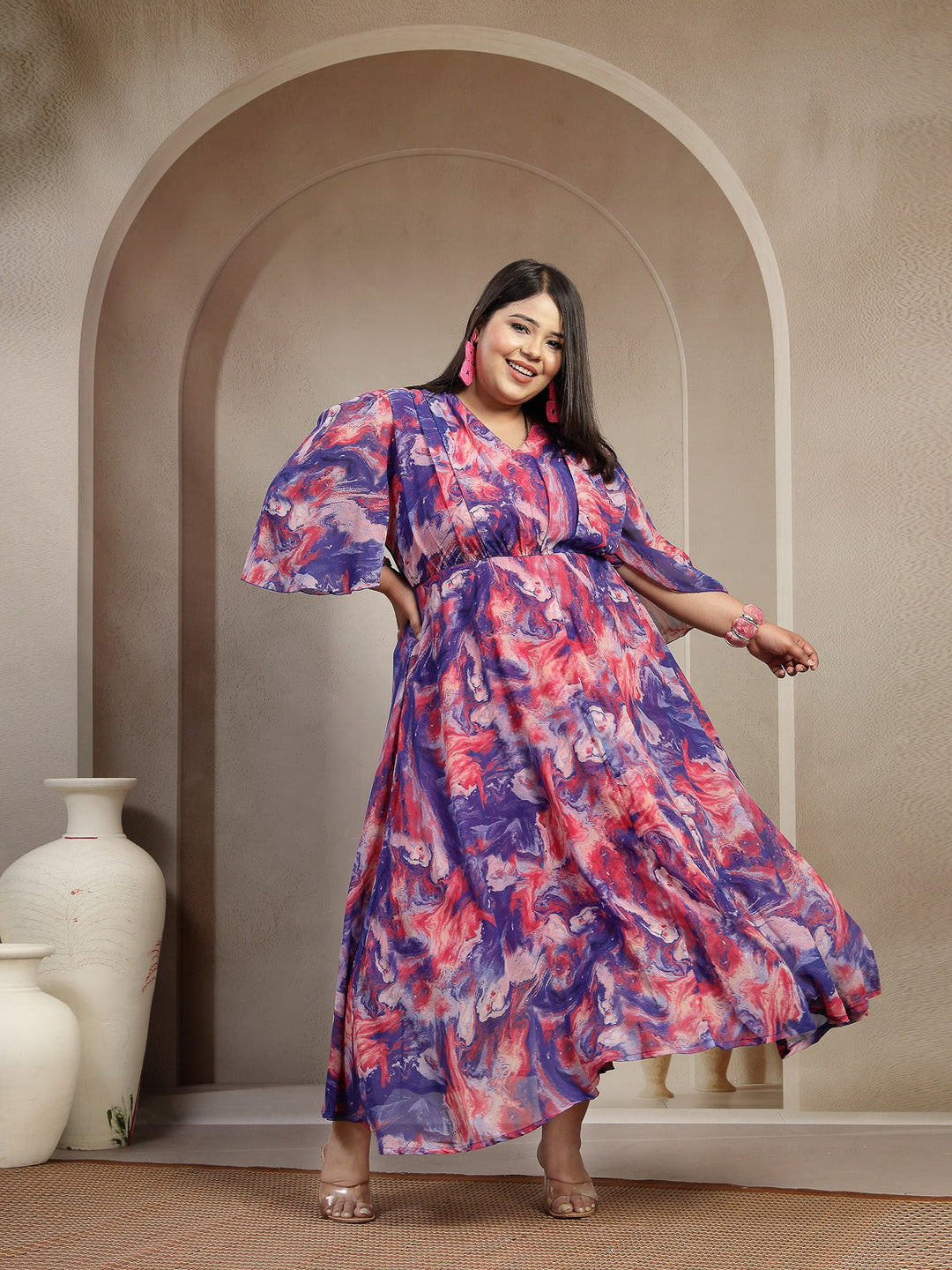 Plus Size Women Blue Abstract Smocked Dress