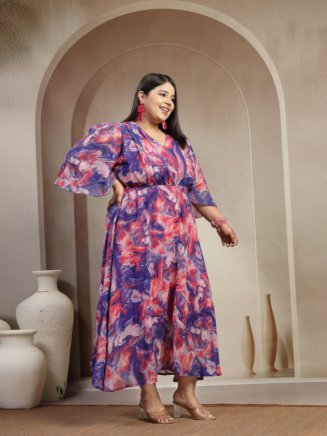 Plus Size Women Blue Abstract Smocked Dress