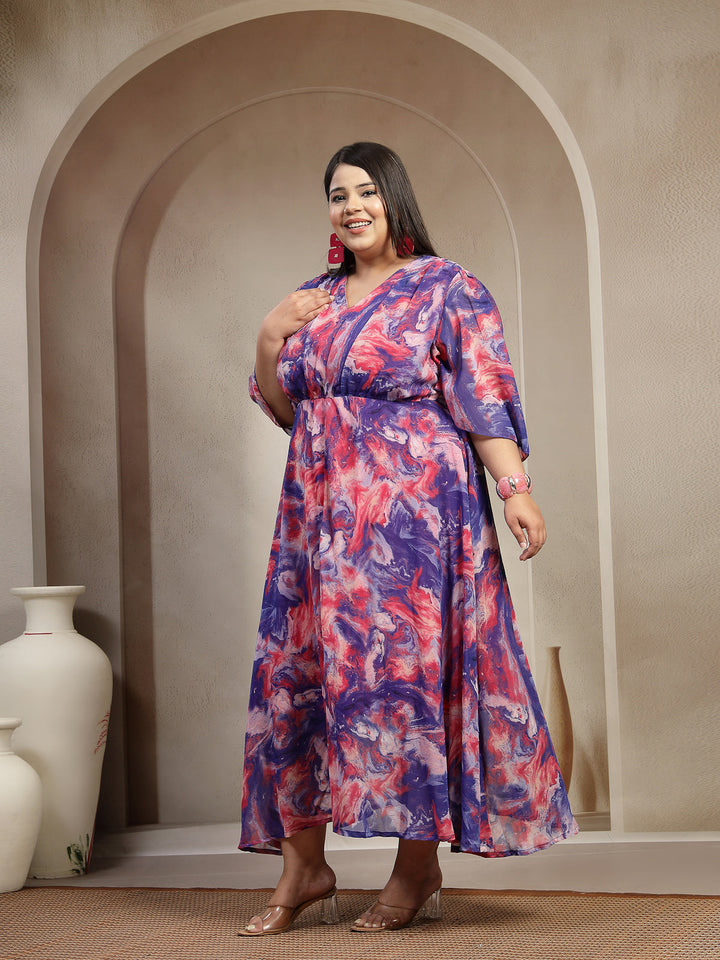 Plus Size Women Blue Abstract Smocked Dress