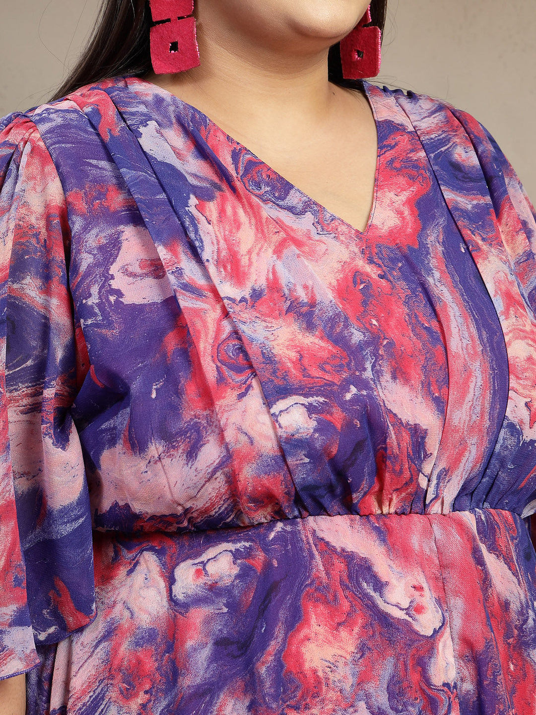 Plus Size Women Blue Abstract Smocked Dress