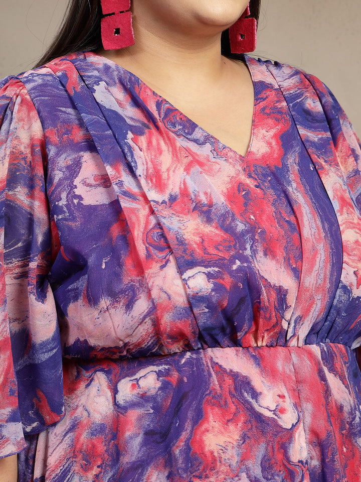 Plus Size Women Blue Abstract Smocked Dress