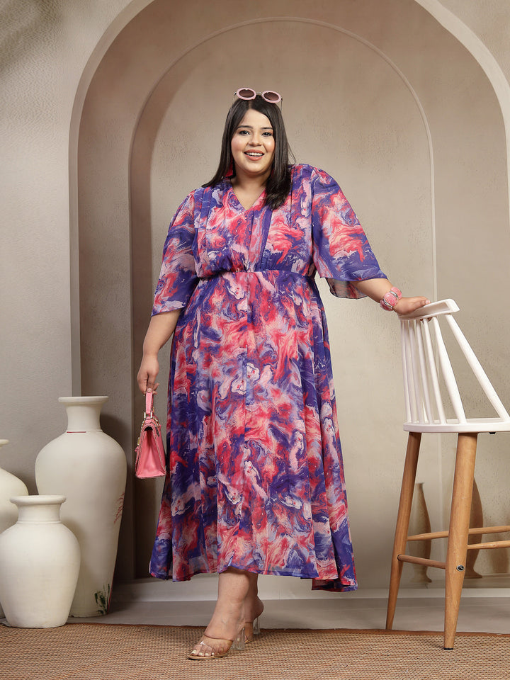 Plus Size Women Blue Abstract Smocked Dress