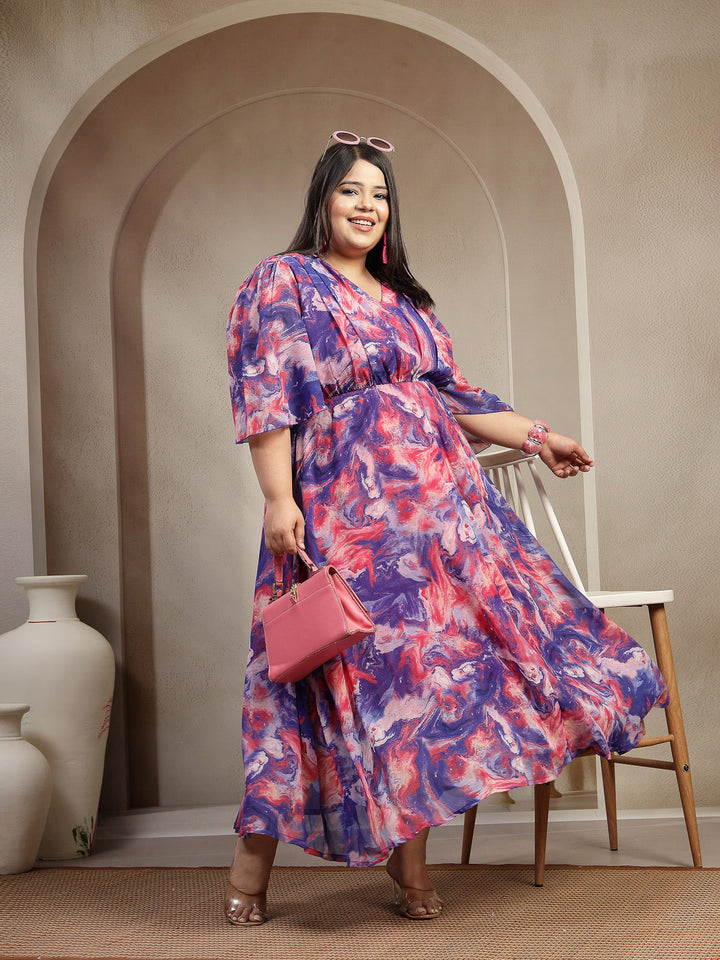 Plus Size Women Blue Abstract Smocked Dress