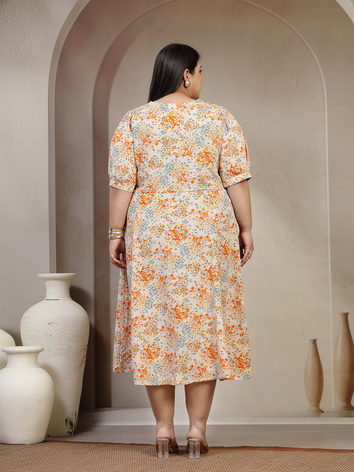 Plus Size Floral Print Puff sleeves Pleated Fit & Flare Midi Dress