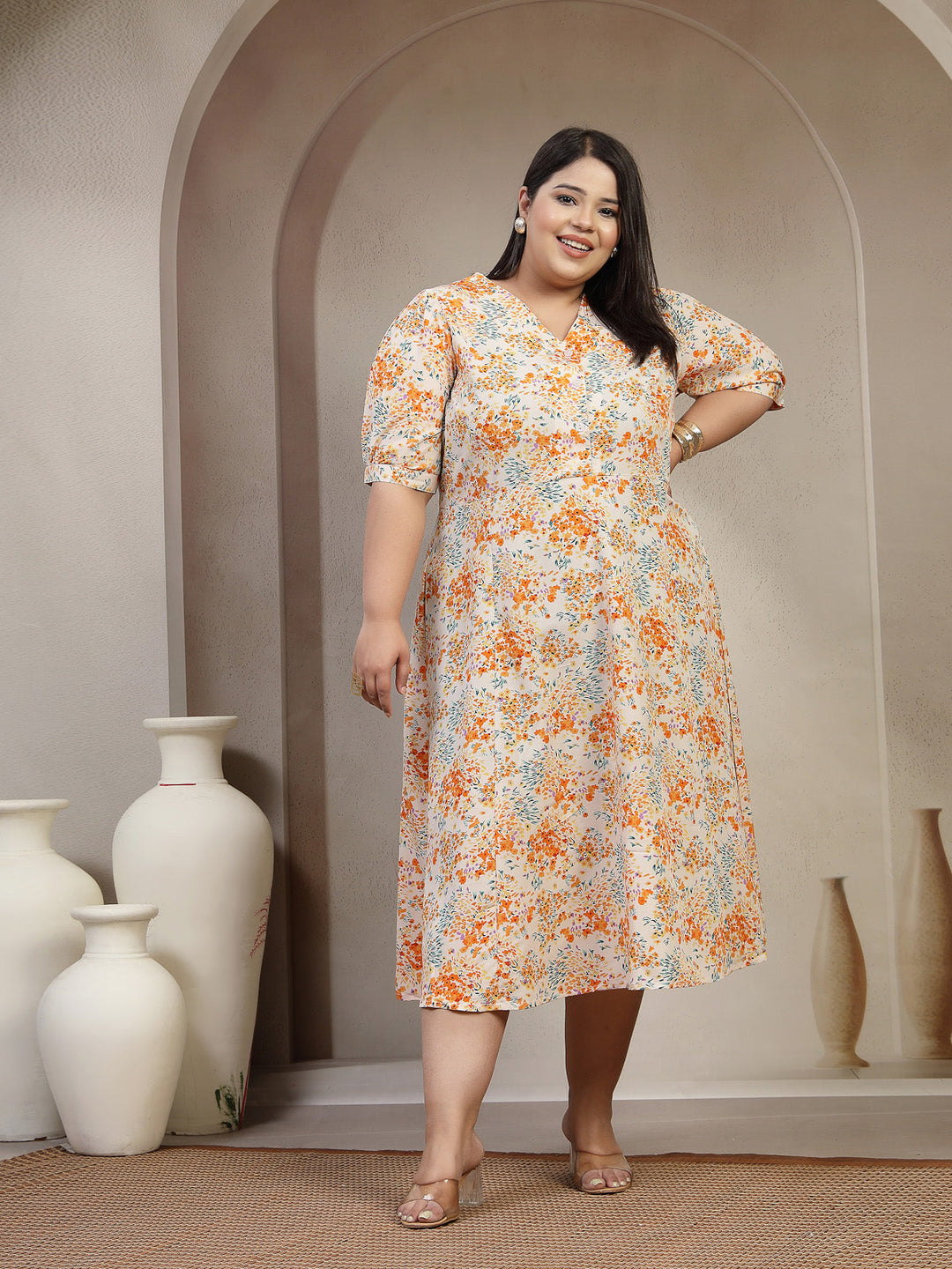 Plus Size Floral Print Puff sleeves Pleated Fit & Flare Midi Dress