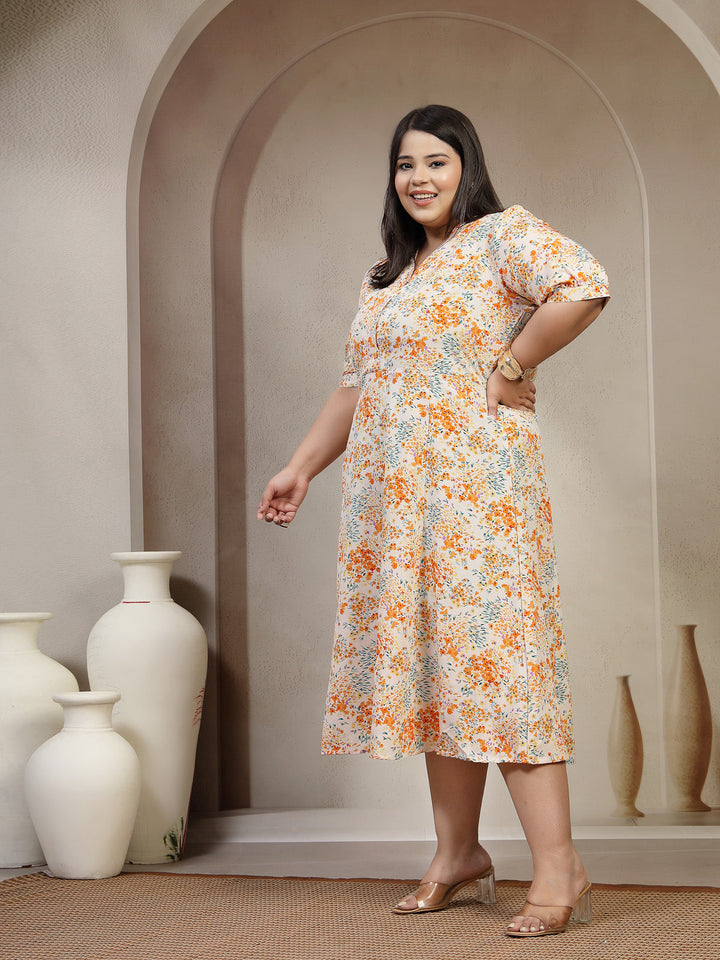 Plus Size Floral Print Puff sleeves Pleated Fit & Flare Midi Dress
