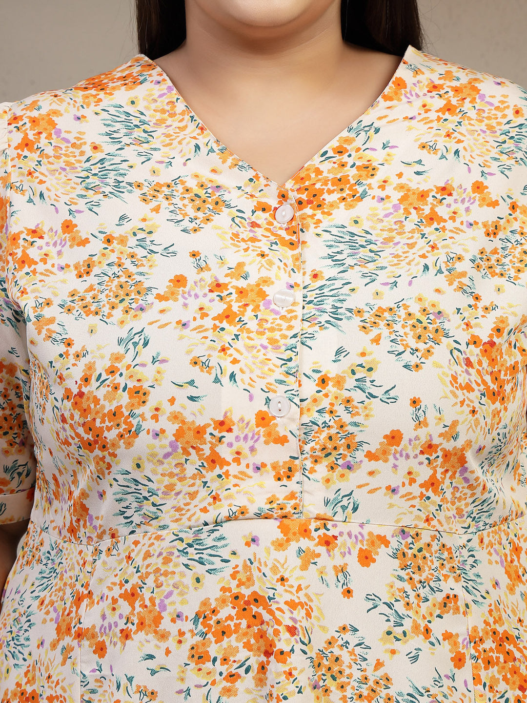Plus Size Floral Print Puff sleeves Pleated Fit & Flare Midi Dress