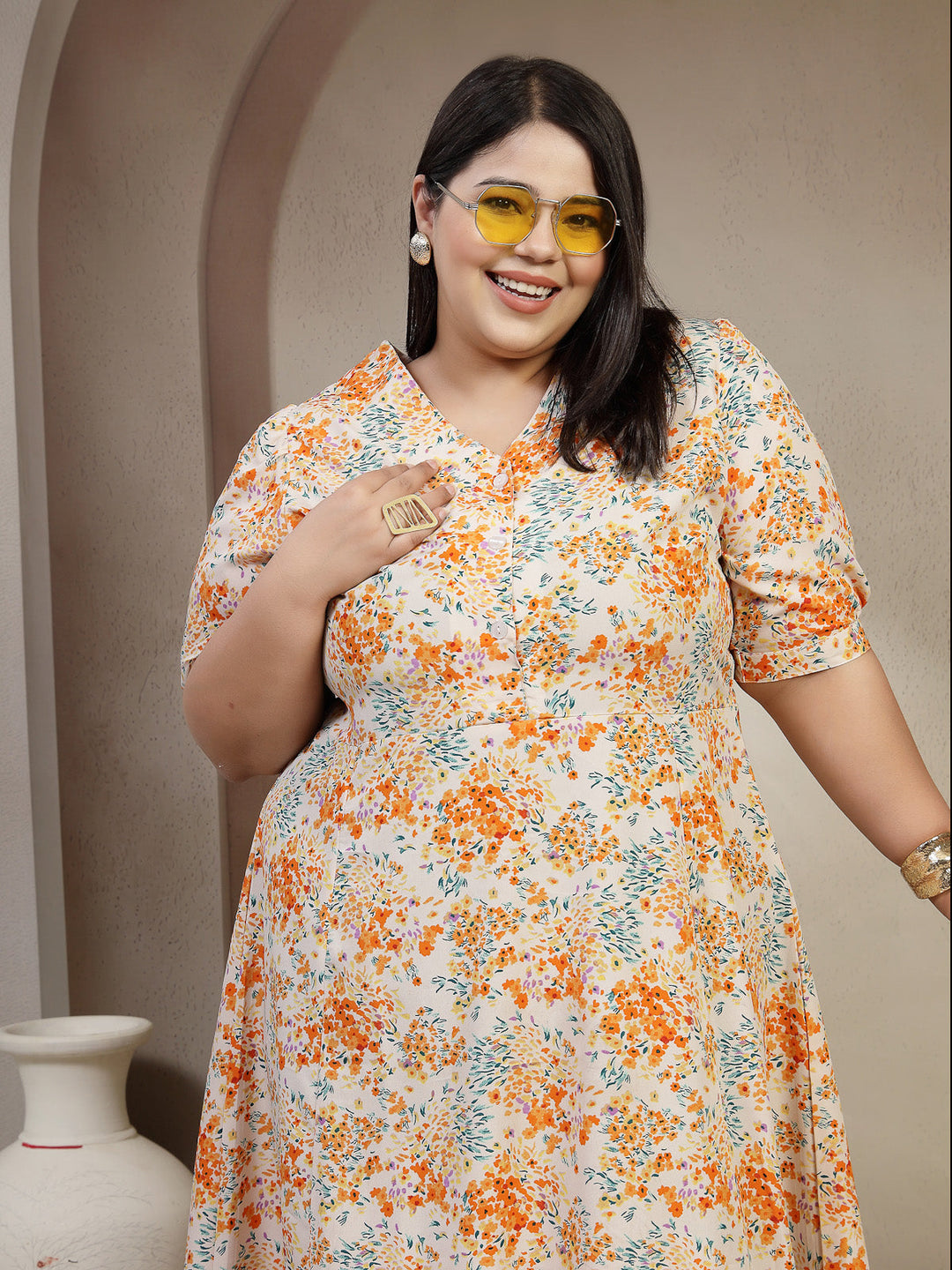 Plus Size Floral Print Puff sleeves Pleated Fit & Flare Midi Dress