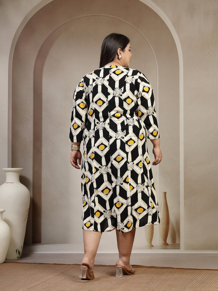 Plus Size Women Geometric Printed Mandarin Collar A-Line Knee Length Dress