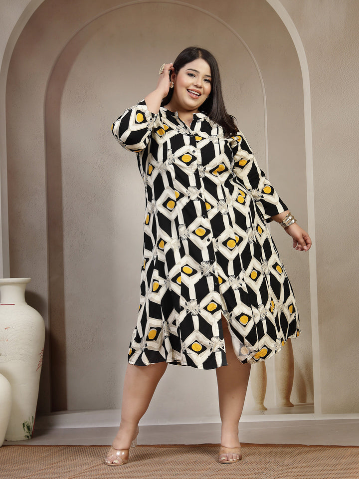 Plus Size Women Geometric Printed Mandarin Collar A-Line Knee Length Dress