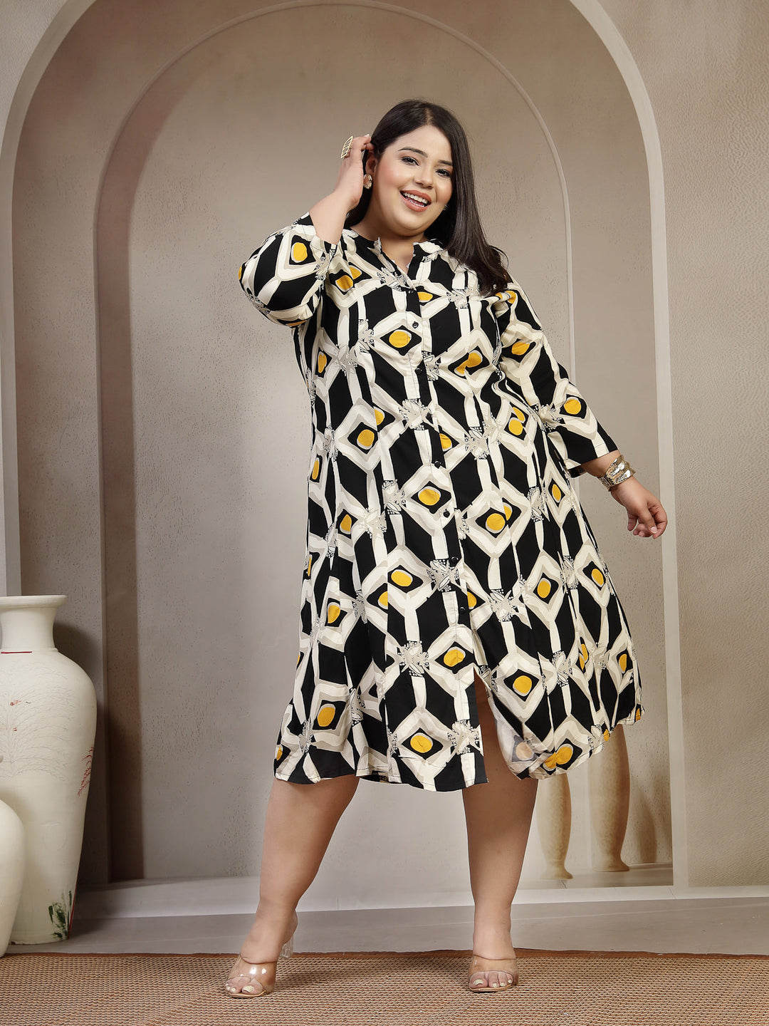 Plus Size Women Geometric Printed Mandarin Collar A-Line Knee Length Dress