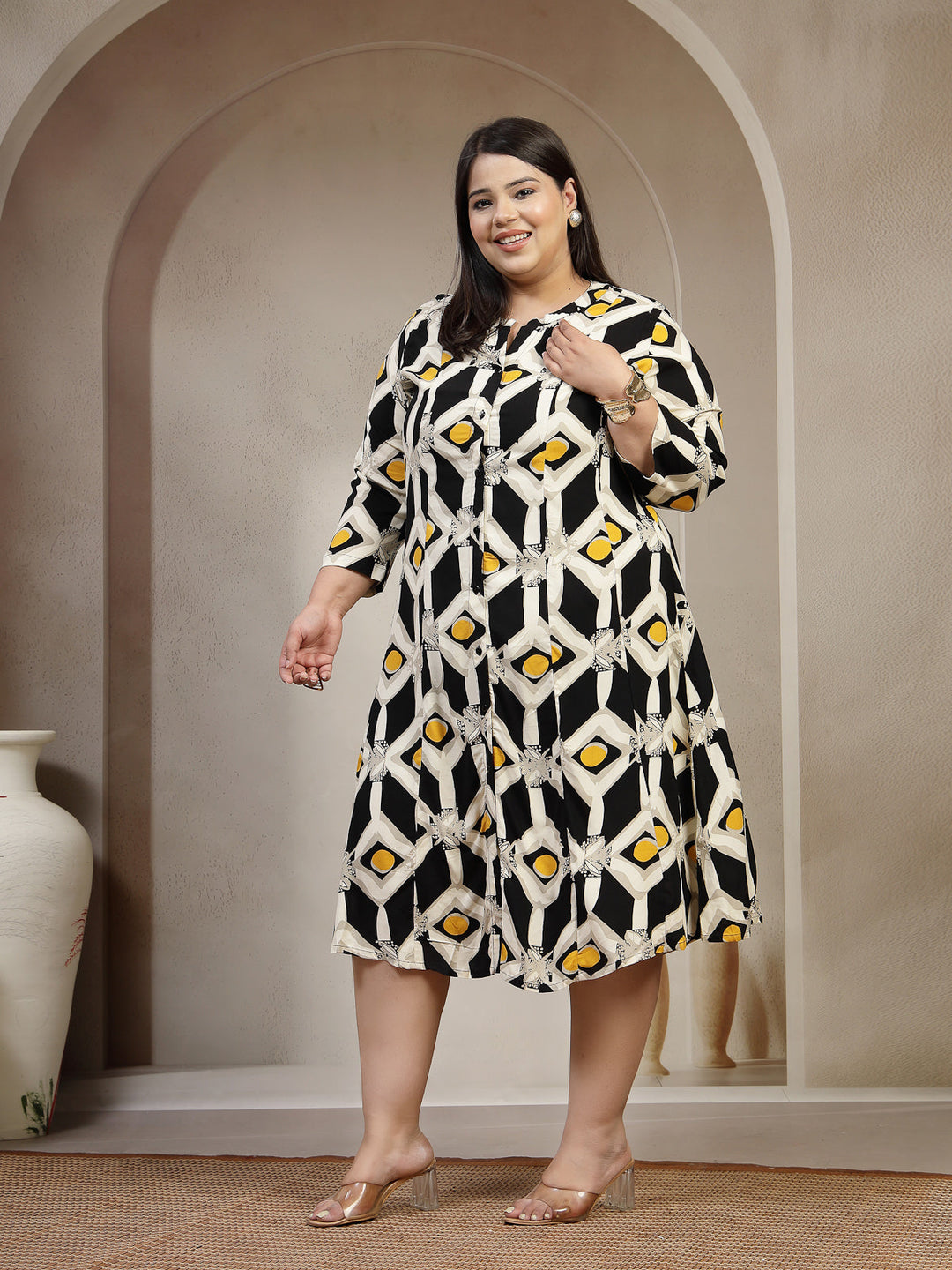 Plus Size Women Geometric Printed Mandarin Collar A-Line Knee Length Dress