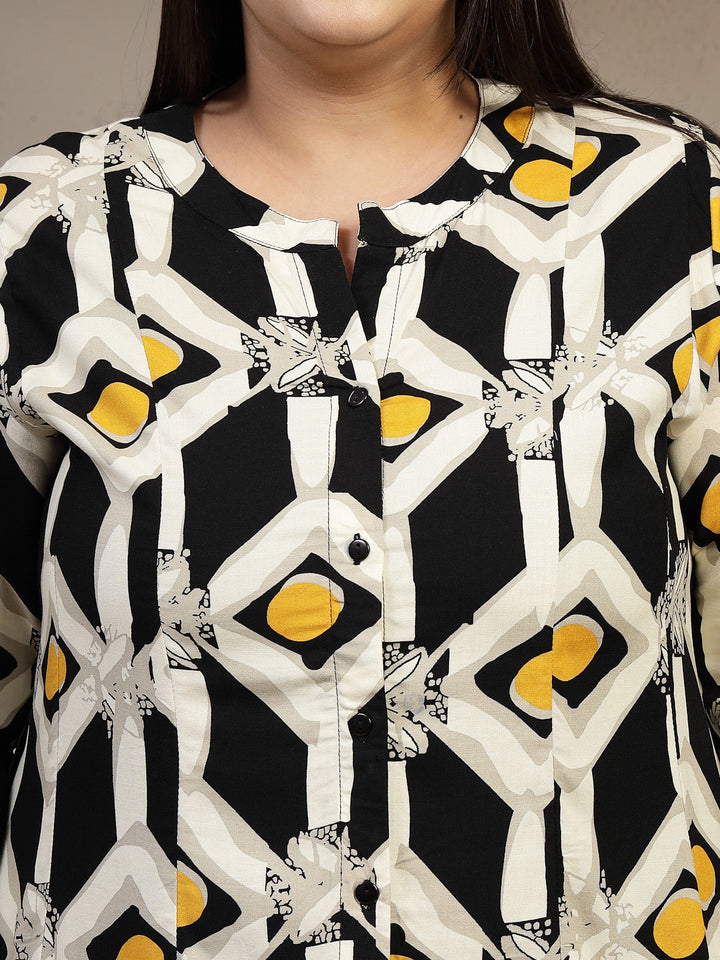 Plus Size Women Geometric Printed Mandarin Collar A-Line Knee Length Dress