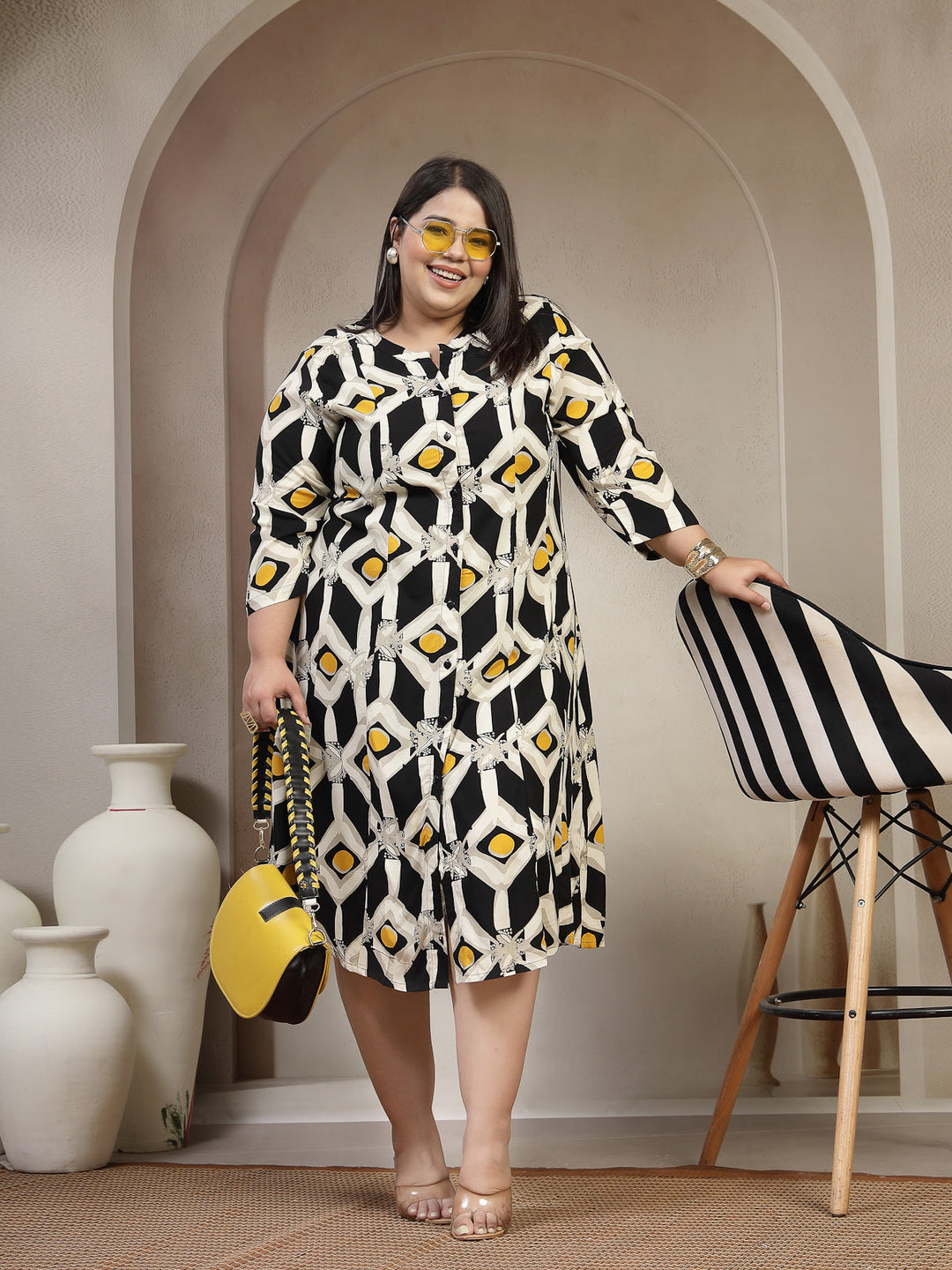 Plus Size Women Geometric Printed Mandarin Collar A-Line Knee Length Dress