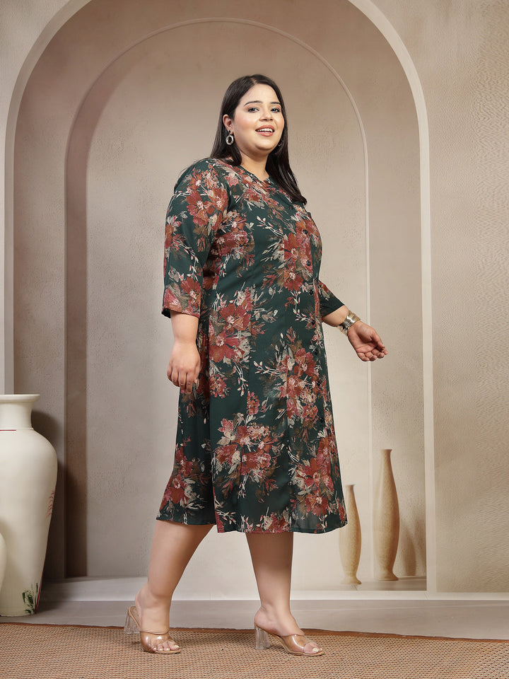 Plus Size Floral Printed Mandarin Collar Shirt Dress