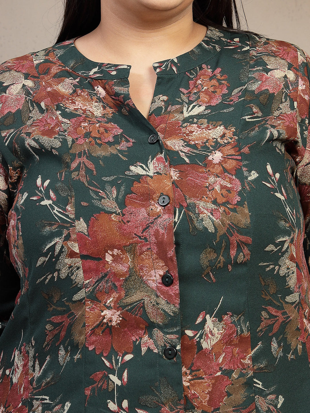 Plus Size Floral Printed Mandarin Collar Shirt Dress