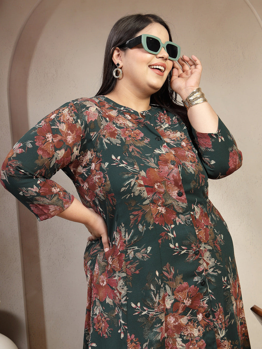 Plus Size Floral Printed Mandarin Collar Shirt Dress