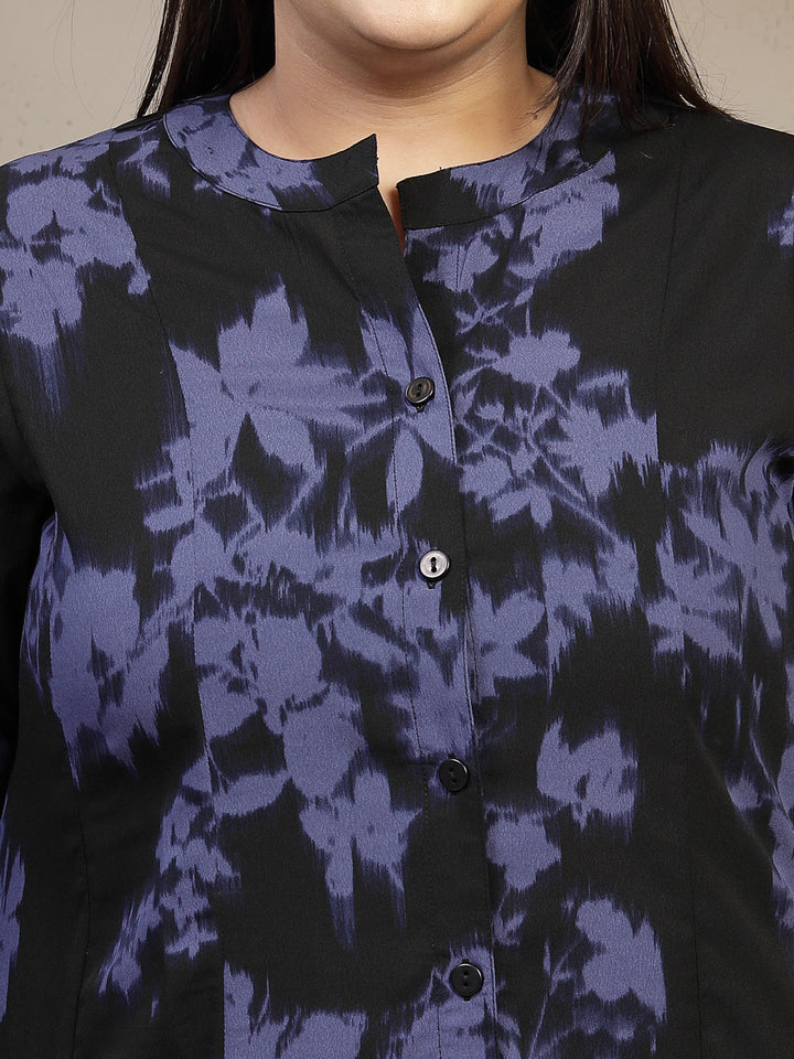 Plus Size Floral Printed Mandarin Collar Shirt Dress