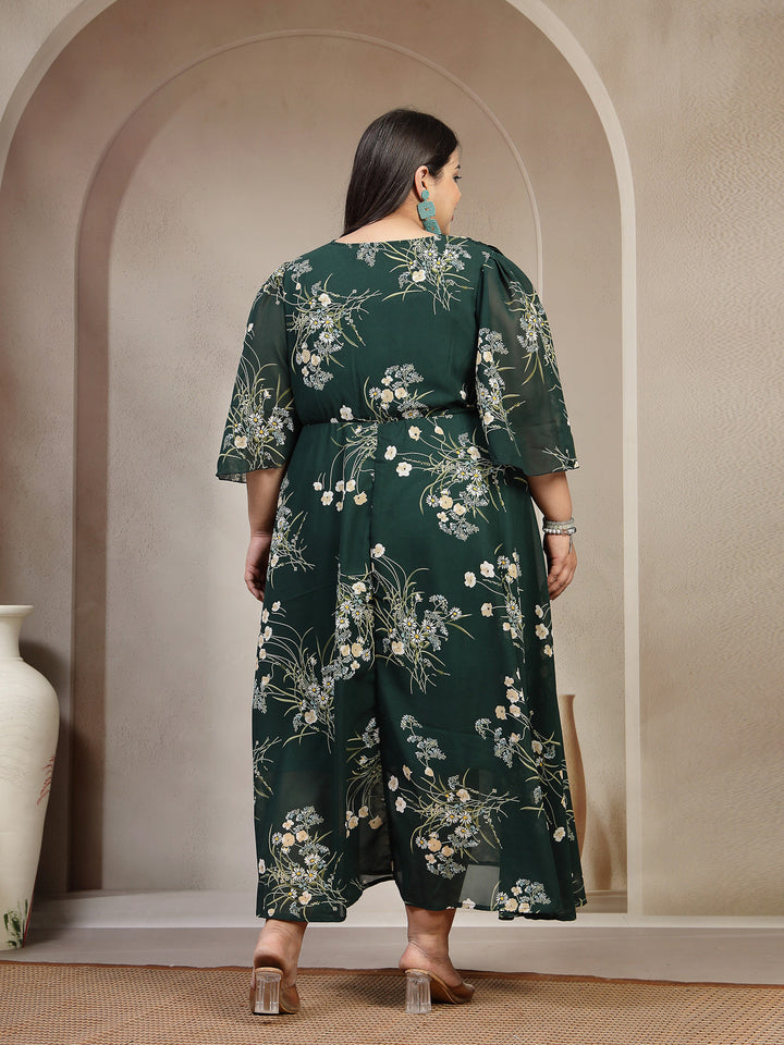 Plus Size Green Floral Printed Puff Sleeves Gathered A-Line Dress