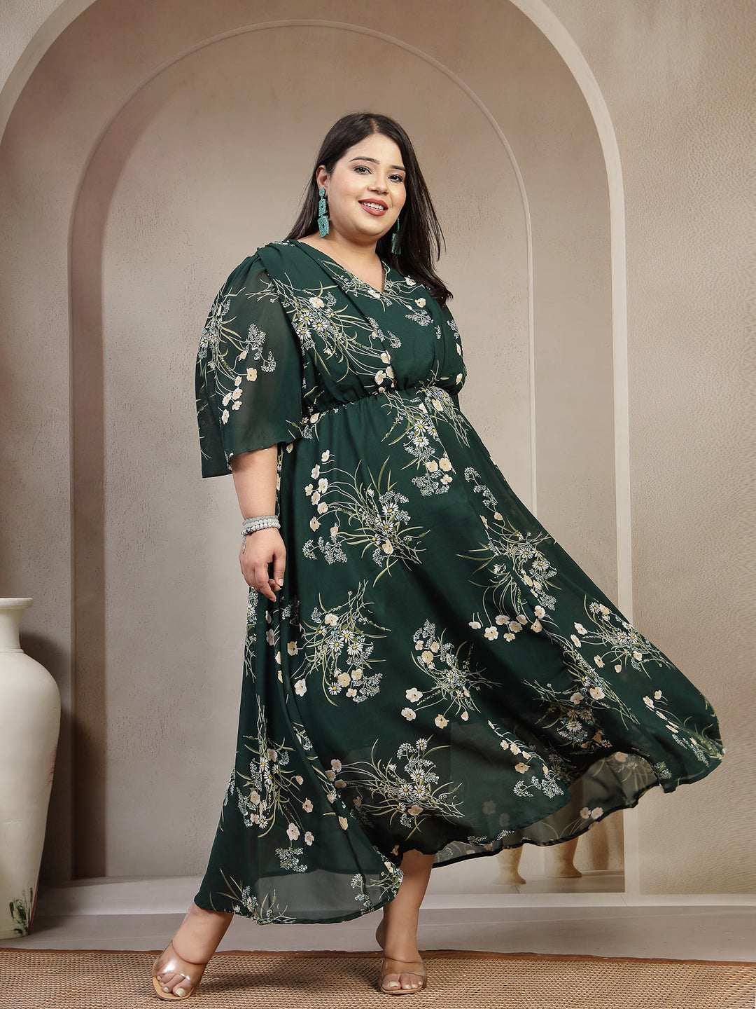 Plus Size Green Floral Printed Puff Sleeves Gathered A-Line Dress