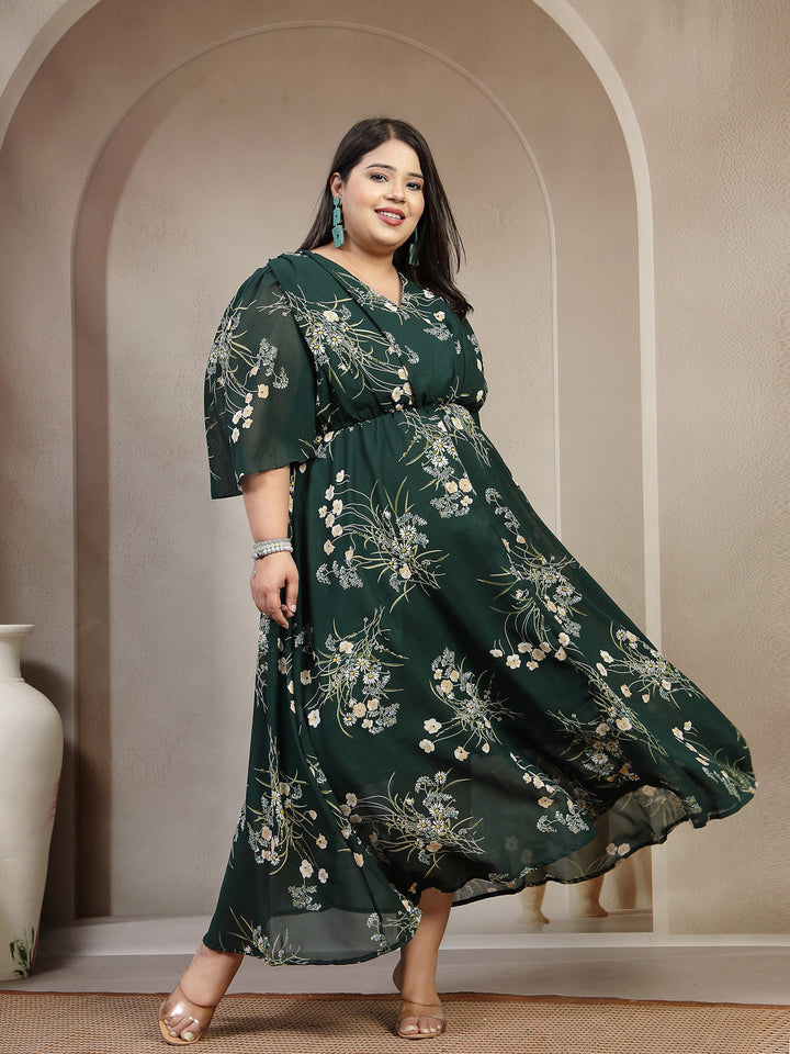 Plus Size Green Floral Printed Puff Sleeves Gathered A-Line Dress