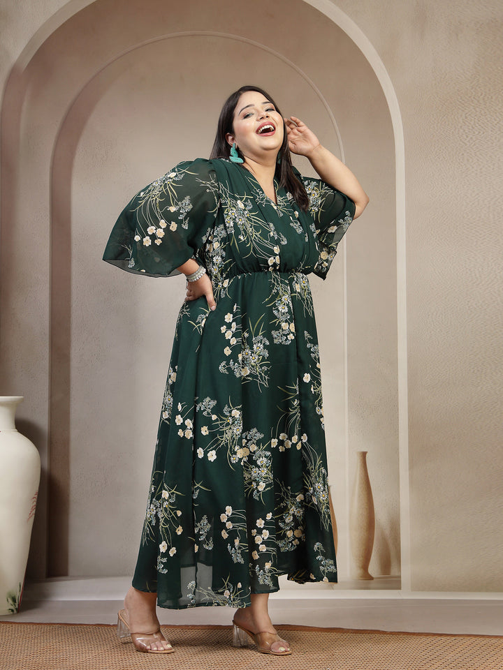 Plus Size Green Floral Printed Puff Sleeves Gathered A-Line Dress
