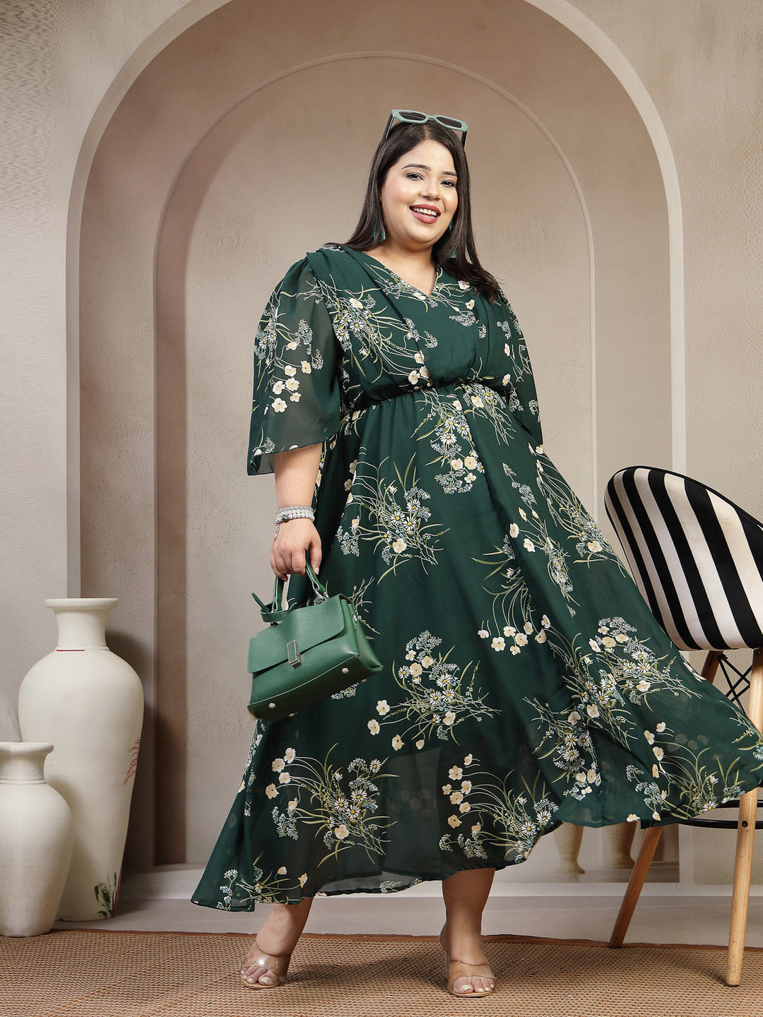 Plus Size Green Floral Printed Puff Sleeves Gathered A-Line Dress