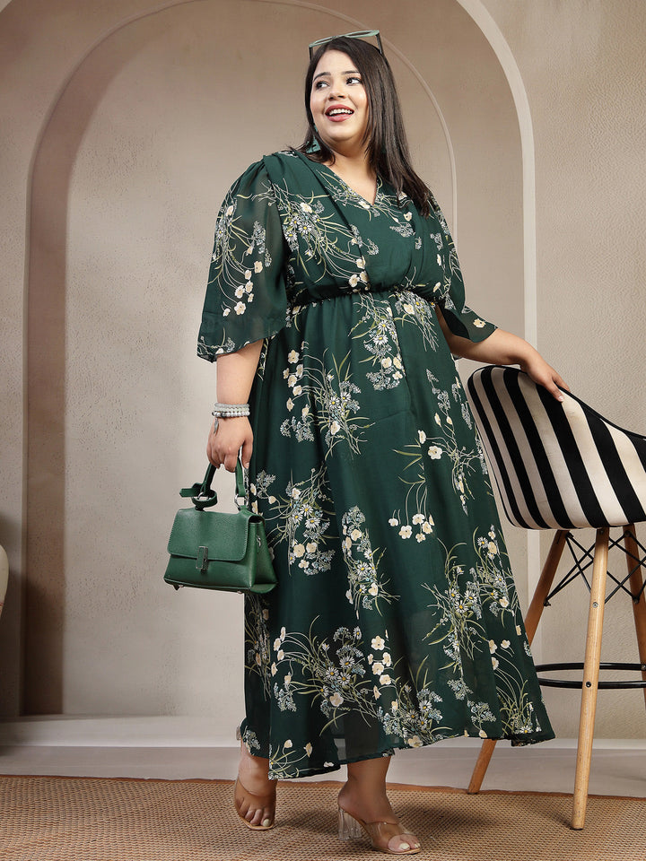Plus Size Green Floral Printed Puff Sleeves Gathered A-Line Dress