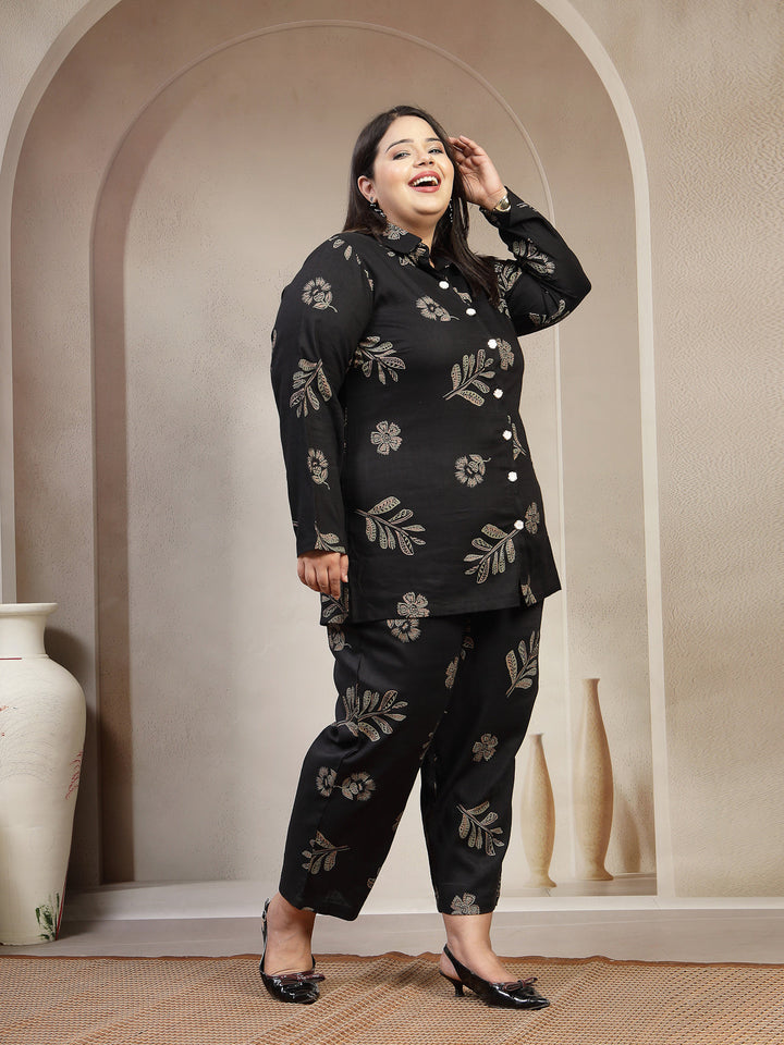 Plus Size Floral Printed Long Sleeves Shirt With Trouser