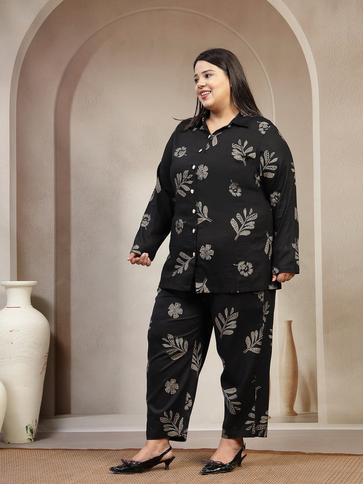 Plus Size Floral Printed Long Sleeves Shirt With Trouser