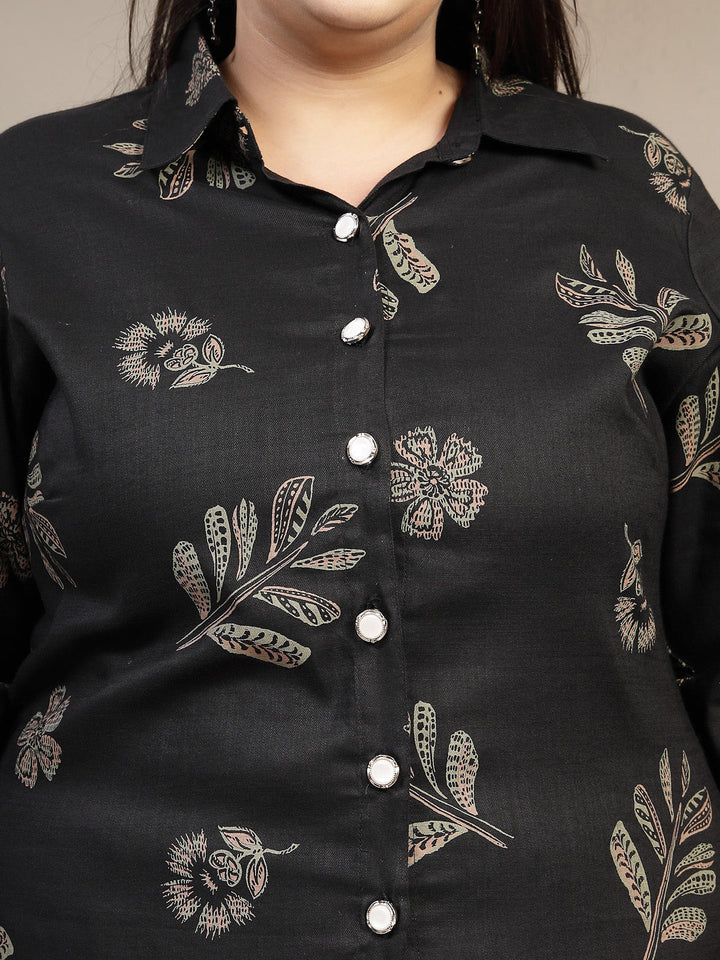 Plus Size Floral Printed Long Sleeves Shirt With Trouser