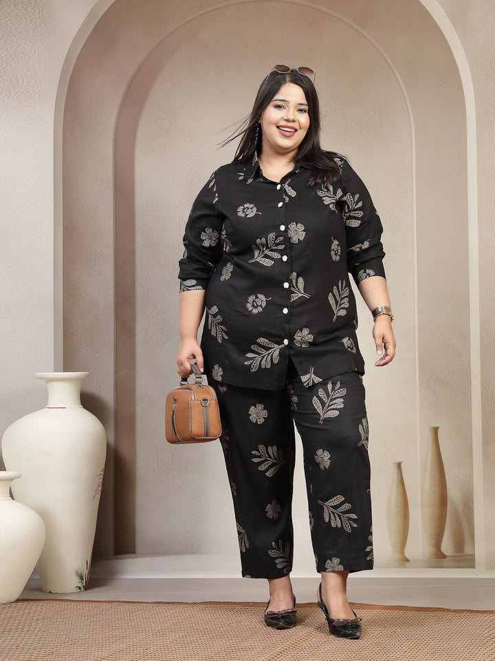 Plus Size Floral Printed Long Sleeves Shirt With Trouser