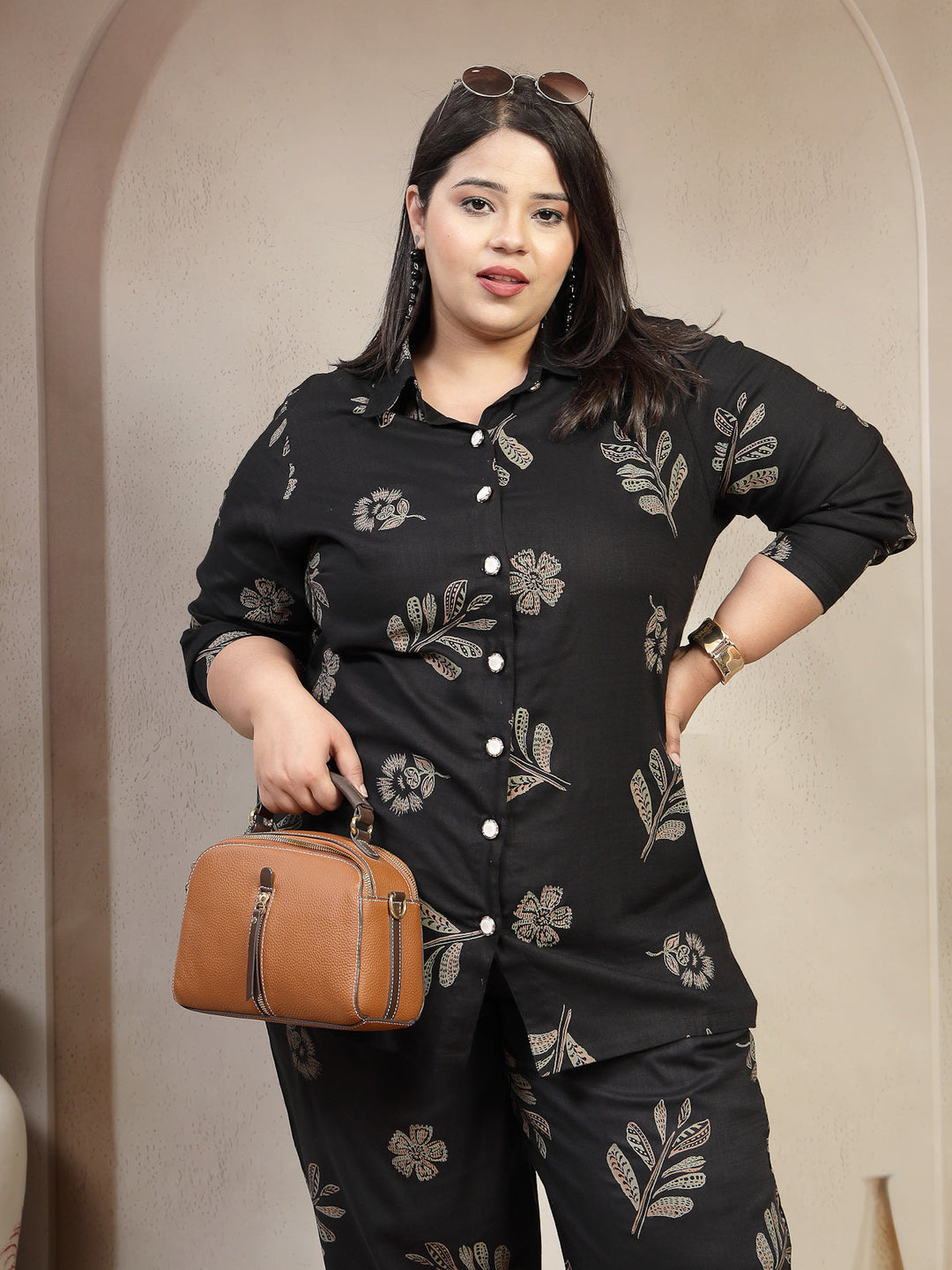 Plus Size Floral Printed Long Sleeves Shirt With Trouser