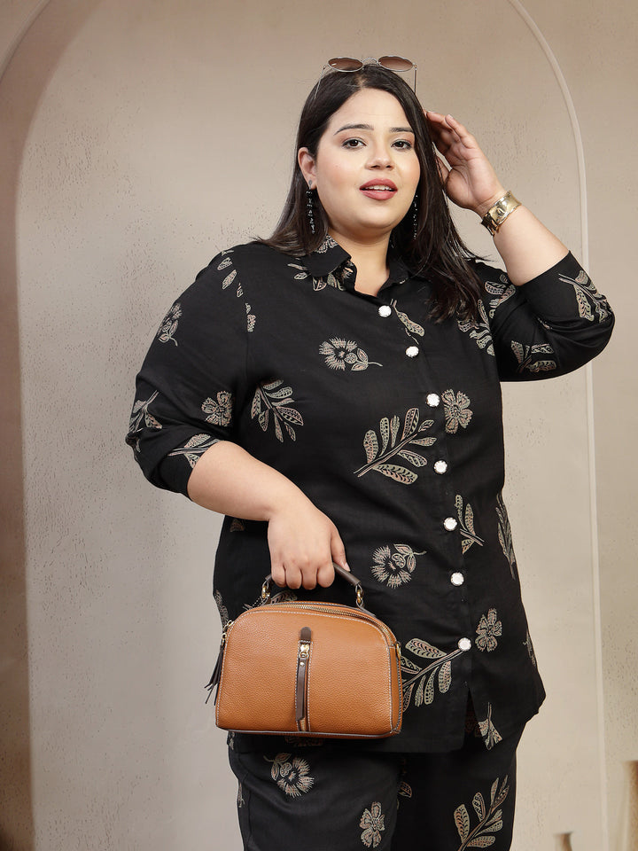 Plus Size Floral Printed Long Sleeves Shirt With Trouser