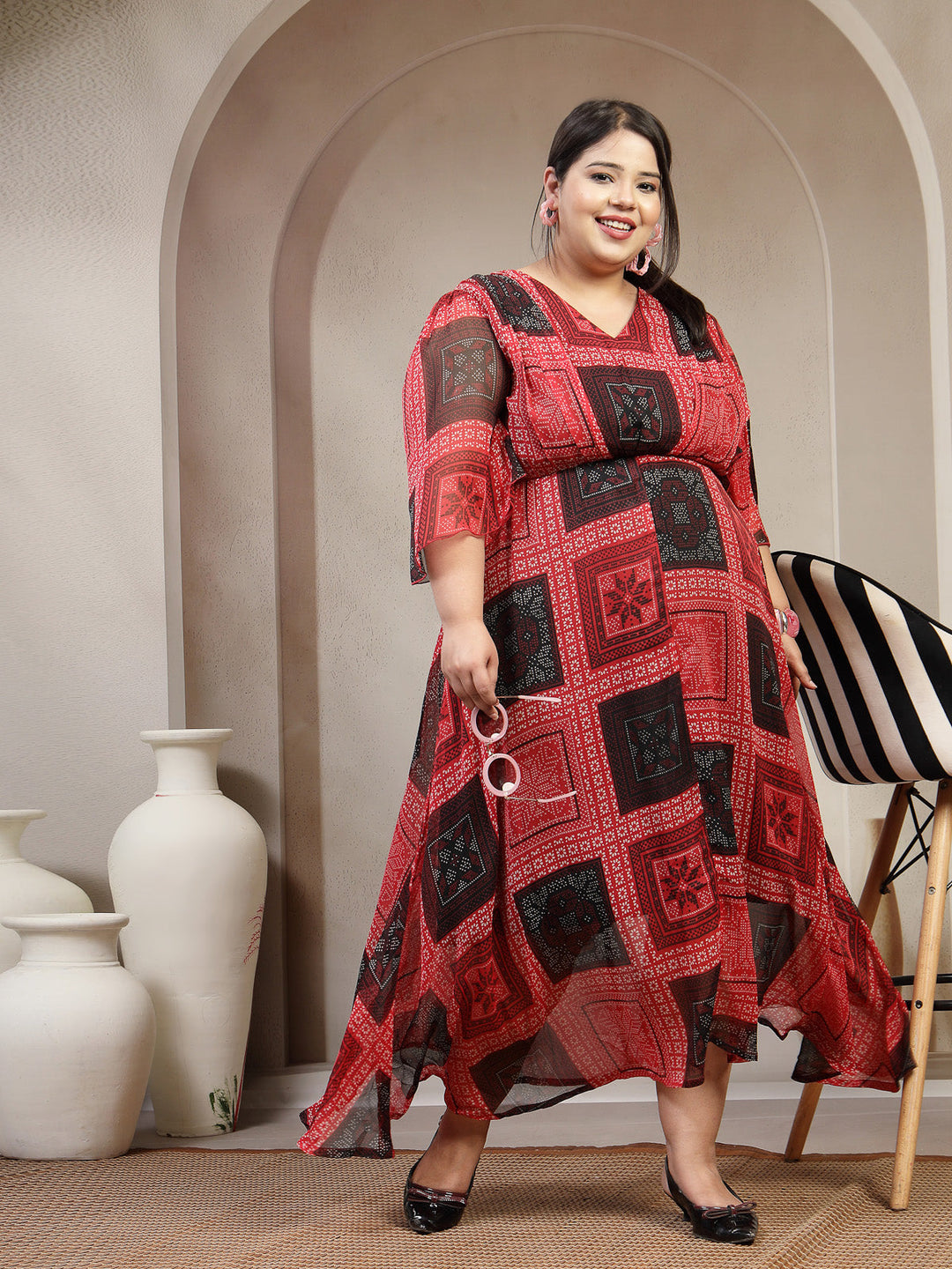 Plus Size Women Red Black Floral Paisley Print Dress