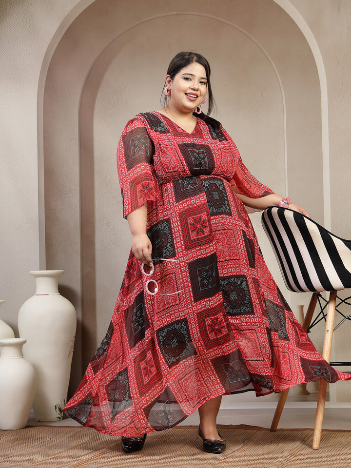 Plus Size Women Red Black Floral Paisley Print Dress