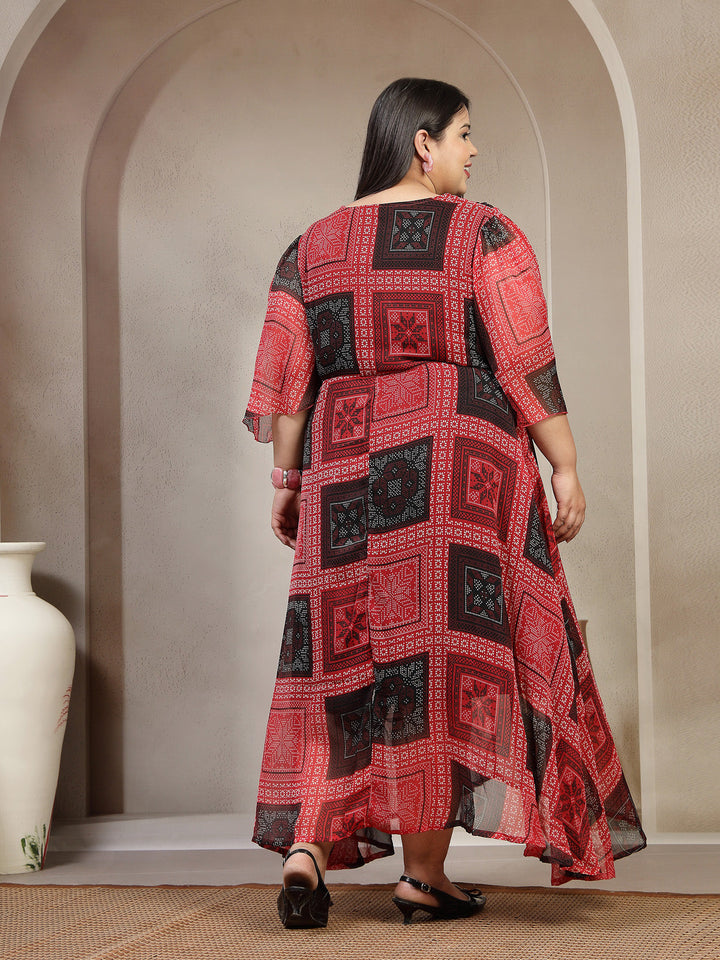 Plus Size Women Red Black Floral Paisley Print Dress