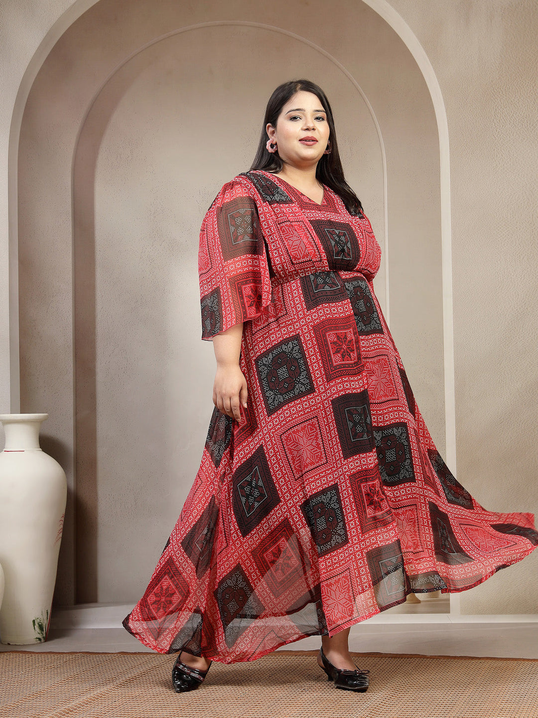 Plus Size Women Red Black Floral Paisley Print Dress