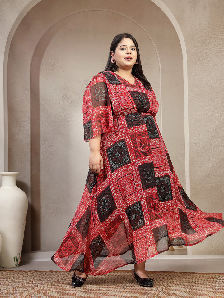 Plus Size Women Red Black Floral Paisley Print Dress