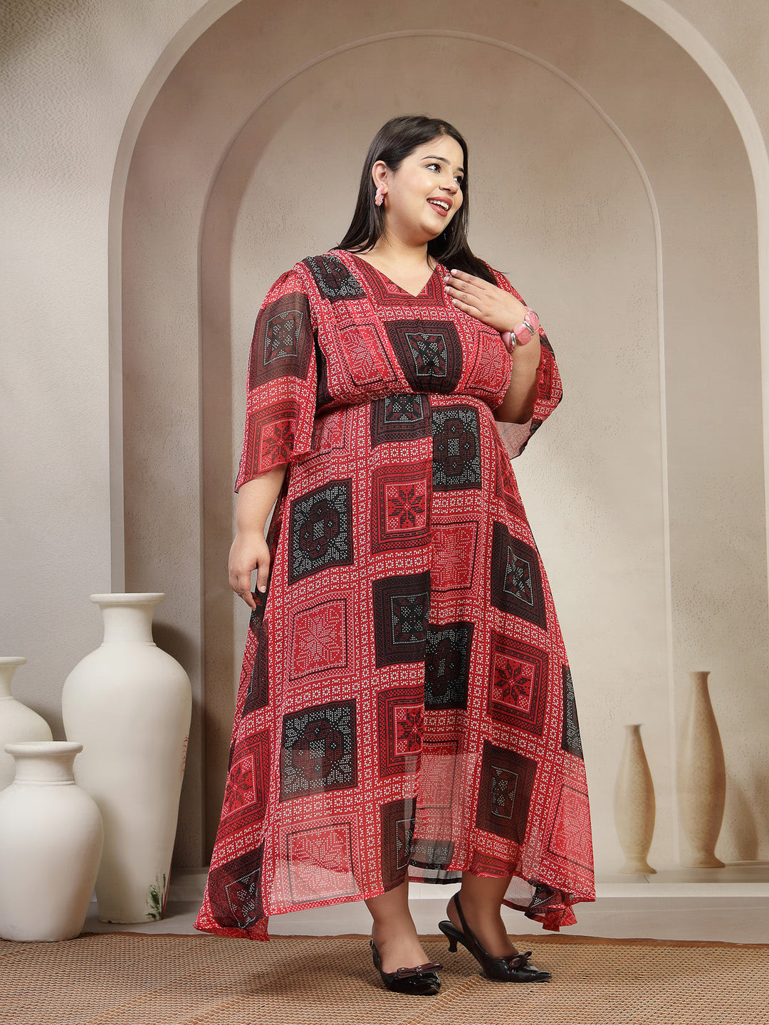Plus Size Women Red Black Floral Paisley Print Dress