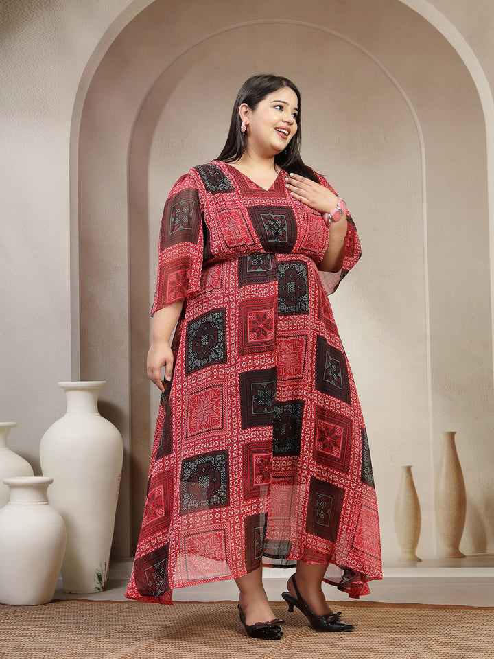 Plus Size Women Red Black Floral Paisley Print Dress
