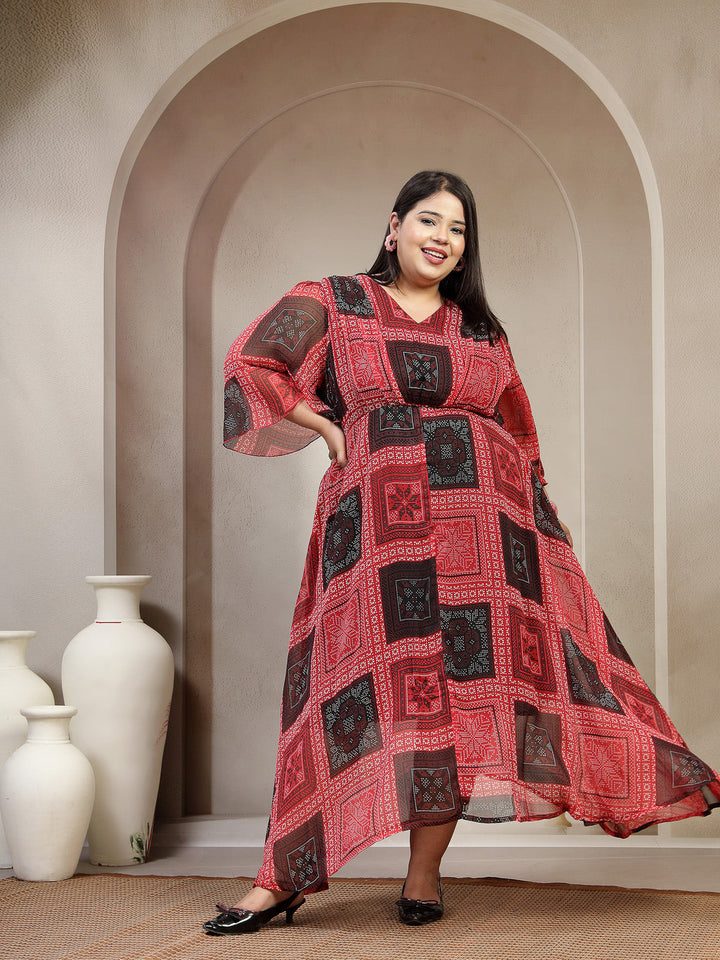 Plus Size Women Red Black Floral Paisley Print Dress