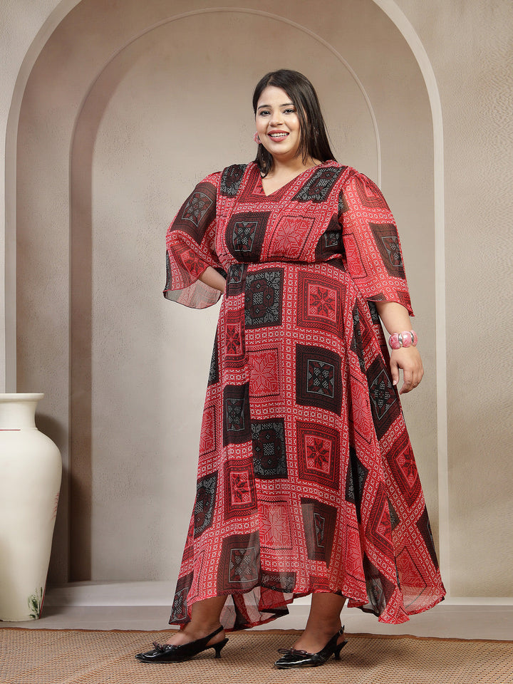 Plus Size Women Red Black Floral Paisley Print Dress